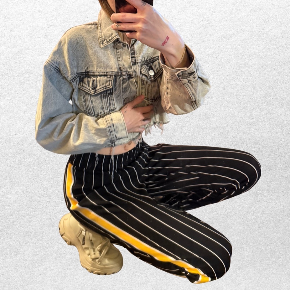 Navy Pinstripe Jogger Pants with Yellow Side Stripe | Size Small